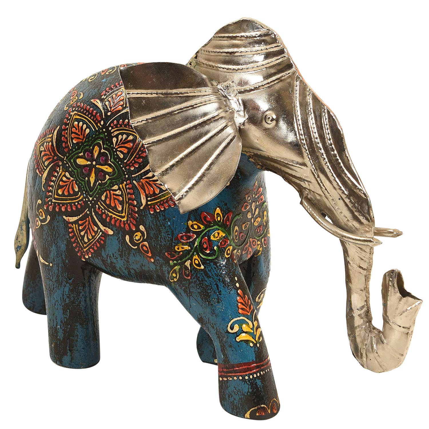 Unusual Wood And Metal Hand Painted Artistic Elephant Figurine