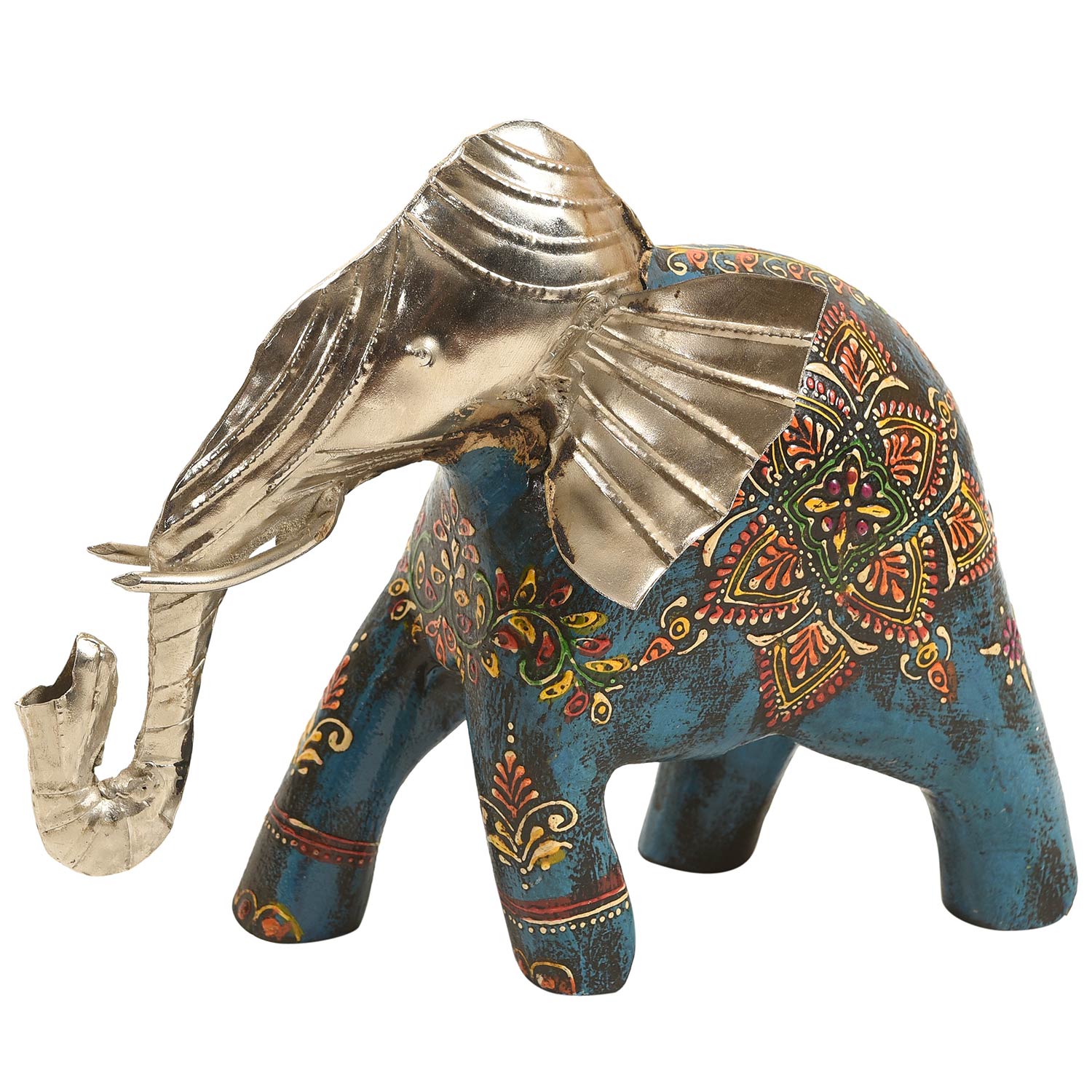 Unusual Wood And Metal Hand Painted Artistic Elephant Figurine