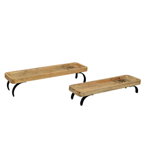 Farmhouse Style Wooden Serving Platter On Metal Stand - Set Of 2