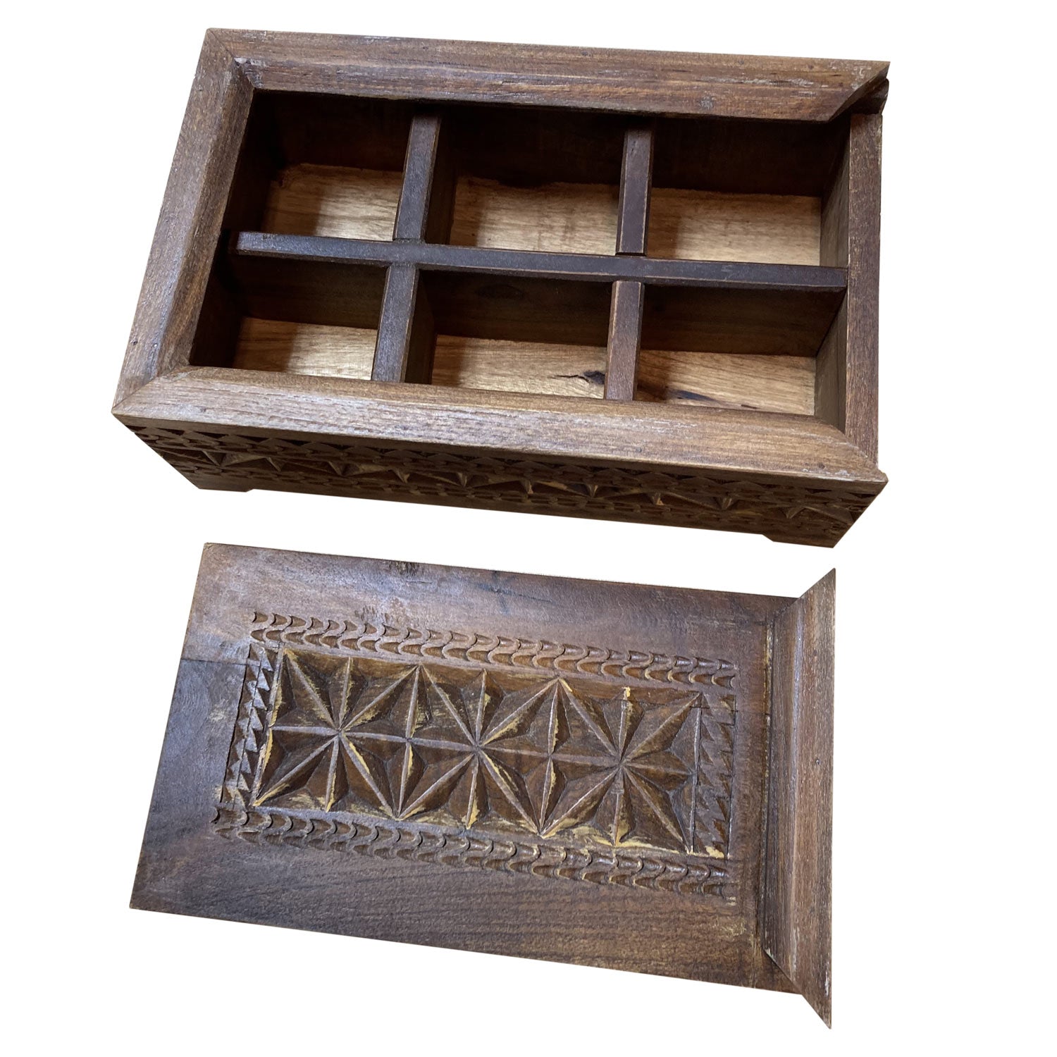 Unique Hand Carved Wooden Divided Compartments Jewelry Box