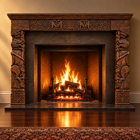 Ranch Style Antique Teak Wood Carvings Repurposed 72" Wide Fireplace Mantel