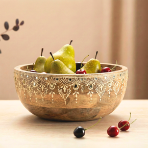 Modern Artistically Painted Wooden Round Fruit Bowl - Natural