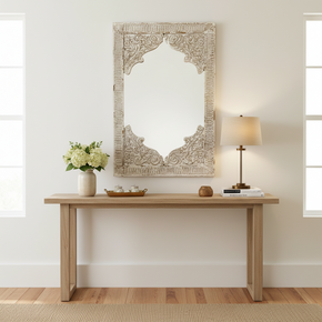 Farmhouse Style Hand Carved Solid Wood 57" x 38"  Mirror In Distressed Finish