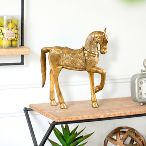 Vintage Solid Wood 25 in. Tall Horse Statue Cladded With Embossed Brass Foil