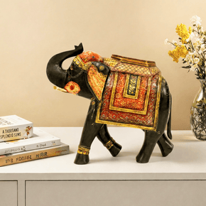 Vintage Solid Wood Hand Painted Wedding Elephant 24" Tall Statue