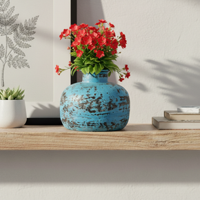 Farmhouse Style Vintage Distressed Blue 8 in. Round Metal Vase