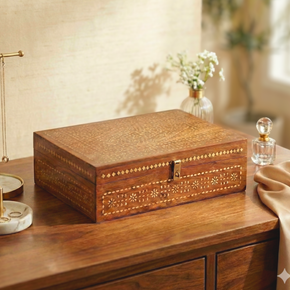 15 in. x 10 in. Vintage Wooden Jewerly Box With Brass Inlay