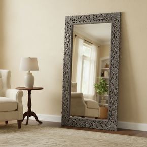 Transitional Style Hand Carved Solid Wood Lattice Mirror In Distressed Gray Finish