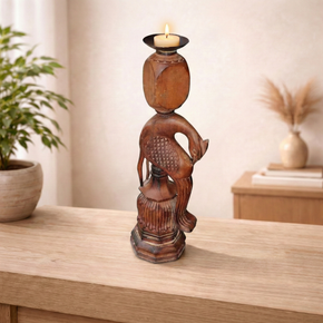 Vintage Carved Peacock Wooden Candle Stick