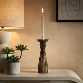 Vintage Hand Carved Fluted Candlestic Cladded With Brass Foil