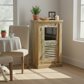 Farmhouse Style Distressed Wood Narrow Cabinet With Glass