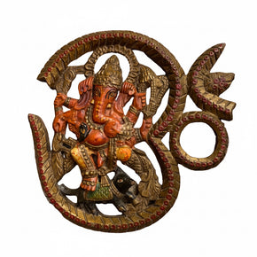 Vintage Wooden Carved Om and Ganesh Wall Hanging