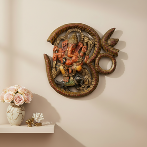 Vintage Wooden Carved Om and Ganesh 12" x12" Wall Hanging
