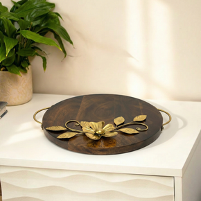 Artistic 12 in. Round Wooden Tray With Metal Floral Accent
