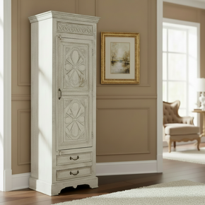Vintage Solid Wood Carved Distressed White Narrow Armoire With Drawers