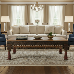 Ranch Style Antique Teak Wood Carved 70" x 36" Large Coffee Table