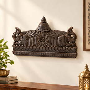 35” Wide Antique Solid Wood Carved Temple Header with Elephants