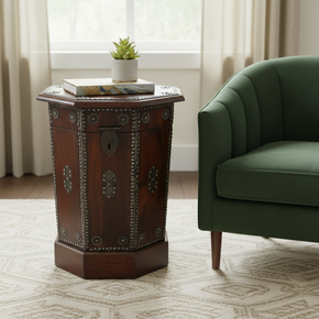 Transitional Style Solid Wood Chest End Table With Metal Accents