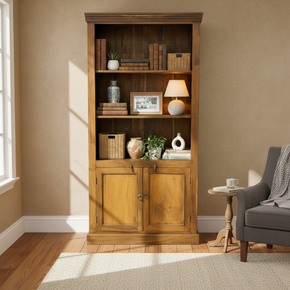Vintage Teak Wood 36" Wide Bookcase With Closed Storage