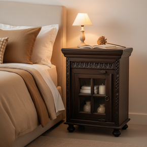 Transitional Style Hand Carved Nightstand With Glass Door