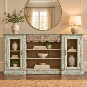 Farmhouse Style Distressed Blue Reclaimed Wood 83” Long Buffet