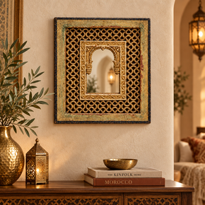 Transitional Style Vintage Hand Carved Distressed Gold Finish 13" x 15" Mirror Wall Hanging