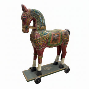 Vintage Hand Painted Wooden Horse On Wheels Sculpture
