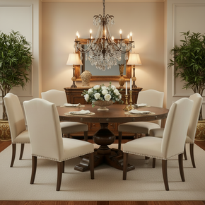 Transitional Style Solid Wood 72" Round 8-Seater Dining Table With Fleur-Di-lis Inlay