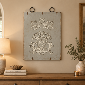 Transitional Style Vintage Hand Painted Wall Art in Distressed Gray Finish