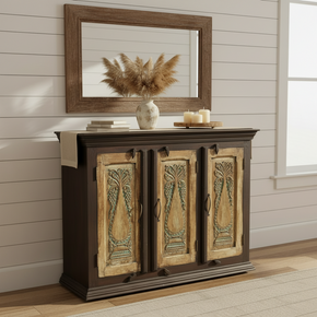 Farmhouse Style 53" Wide Vintage Carved Door Repurposed Solid Wood Sideboard