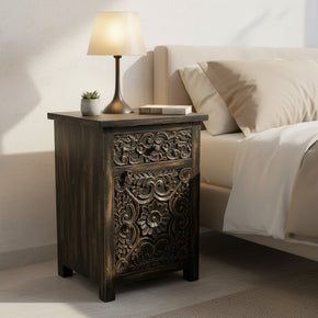 Transitional Style Solid Wood Carved Distressed Black Nightstand