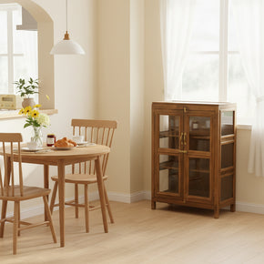 Vintage Glass Door Teak Wood 30" Wide Cabinet