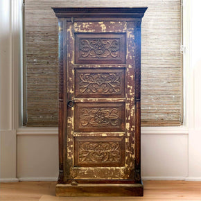 Vintage Carved Single Door 58" Tall Distressed Armoire