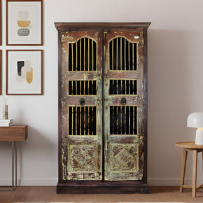 Farmhouse Style Solid Wood Vintage Iron Bar Door Repurposed 80" Tall Curio Armoire