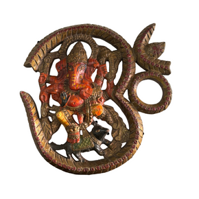 Vintage Wooden Carved Om and Ganesh Wall Hanging
