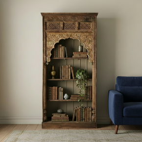 Antique Carved Arch Repurposed 110" Tall Ranch Style Bookcase