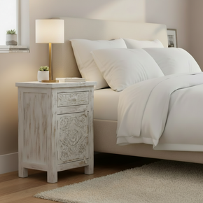 Farmhouse Style Hand Carved Solid Wood Distressed White Nightstands- Set Of 2