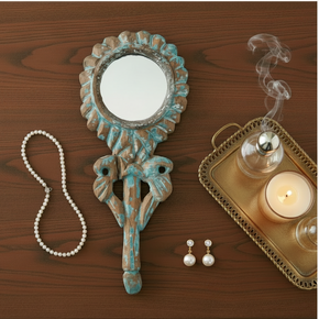 Handcrafted Wood Handheld Vintage Mirror with Ornate Floral Carving