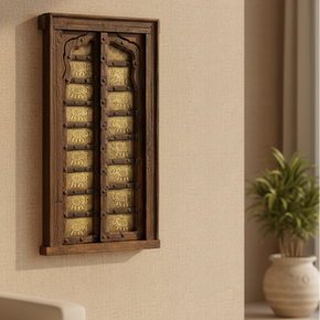 Ranch Style Antique Teak Wood Window Accented With Etched Brass Elephants