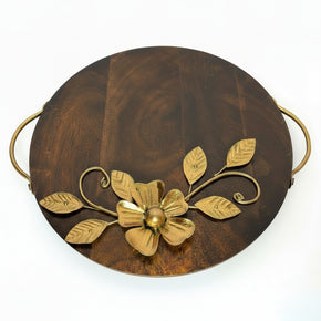 Artistic 12 in. Round Wooden Tray With Metal Floral Accent