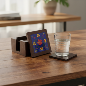 Transitional Style 6 Coasters Set With Tile Inset Holder