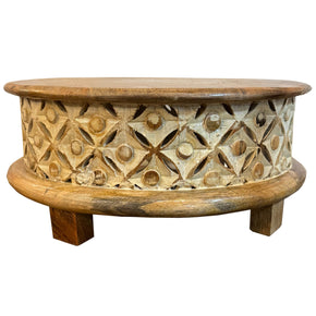 17" Round Solid Wood Latttice Carved Distressed Riser / Low Table