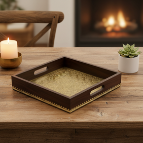 12" Square Solid Wood Tray Beautifully Accented with Hand Embossed Brass Foil