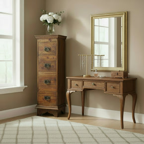 Vintage Teak Wood 51" Tall Narrow Chest Of Drawers