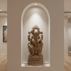 Solid Wood Hand Carved 35 in. Tall Ganesha Statue In Distressed White Finish