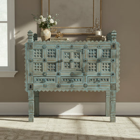 Vintage Distressed Blue Handcarved Solid Wood Unique Entryway Cabinet