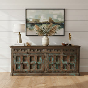 Farmhouse Style Rustic Antique Door Upcycled 93" Long Solid Wood Sideboard