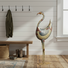 Vintage 52" Tall Whimsical Hand Painted Rustic Metal Bird Statue