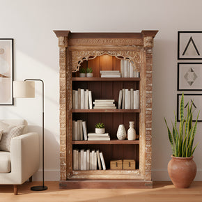 Vintage Moorish Carved Arch Solid Wood 79" Tall Bookcase