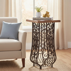 Vintage Iron Staircase Grill Repurposed Rustic 31" Tall End Table With Wood Top